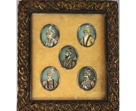 A set of five Indian miniature portrait paintings on ivory, 19th Century, the oval portraits depicting various Sikh noblemen,