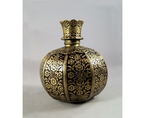 A brass and enamel hookah base, 19th/20th century, moulded with panels of flowers and branches, on guilloche enamel grounds, 