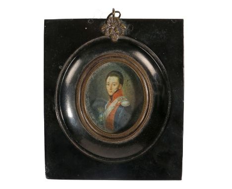 19th Century oval portrait miniature depicting a military gentleman in uniform holding a plumed helmet, housed in an ebonised