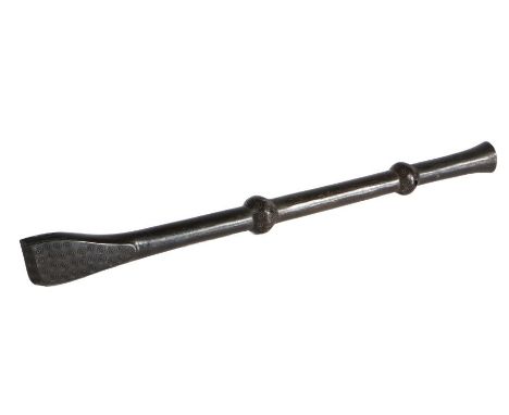 Polynesian ebony axe handle, the roundel carved head above a tapering shaft with roundel carved knops, 46cm long
