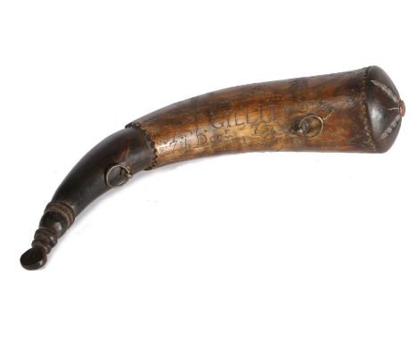 18th Century horn powder flask, the horn body engraved with a crown above two birds heads in profile and an eye above the num