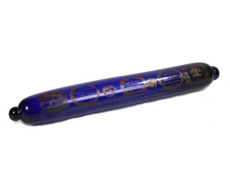 Substantial 19th Century blue glass rolling pin, enamel decorated with depiction of a sailing vessel, The Sailor's Farewell, 