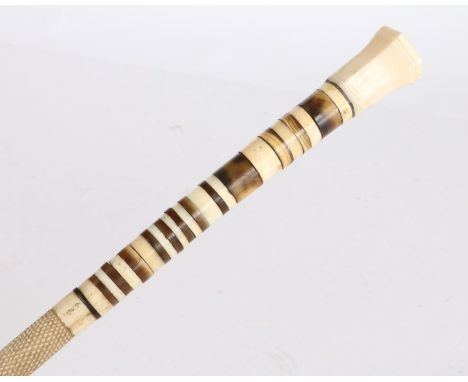 19th Century whalebone and baleen walking stick, the hexagonal tapering cap above a marine ivory and baleen disc handle, the 