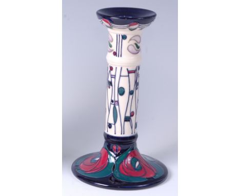 A Moorcroft pottery table candlestick in the Tribute to Charles Rennie Mackintosh pattern, designed by Rachel Bishop, impress