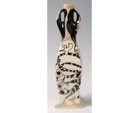 A limited edition Black Ryden pottery vase in the Lion Fish pattern, having a four-ring neck to tapering waisted square secti
