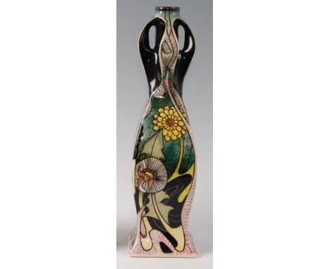 A limited edition Black Ryden pottery vase in an unknown pattern, having four-ring neck to tapering square section body, desi
