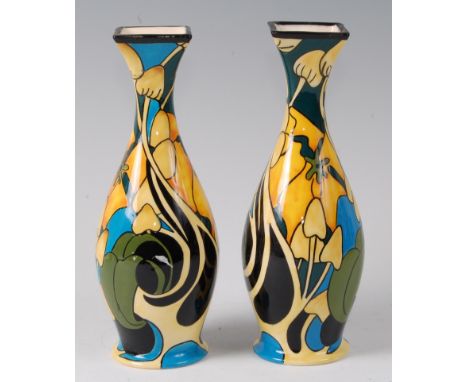 A pair of Black Ryden pottery vases in the Fairy Ring pattern, each having square rim to a slender neck and bulbous lower bod