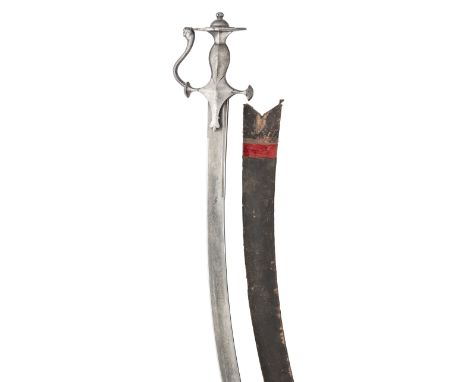 AN INDIAN SWORD (TALWAR), LATE 19TH CENTURY, with curved blade etched in imitation of watered steel and struck with a mark on