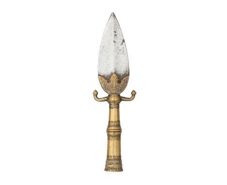 A SOUTH INDIAN SPEARHEAD (VEL), 18TH CENTURY, PROBABALY MYSORE, with leaf-shaped blade of flattened-diamond section, the fort