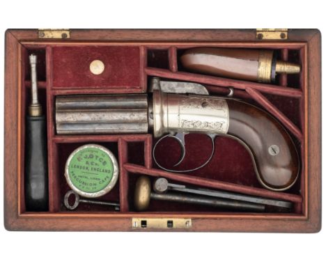 A CASED 120 BORE SIX-SHOT PERCUSSION PEPPERBOX REVOLVER, BIRMINGHAM PROOF MARKS, NO. 338, MID-19TH CENTURY, with fluted barre