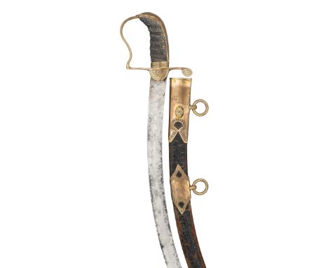 AN OFFICER~S SWORD, LATE 18TH CENTURY, with curved blade double-edged towards the point, gilt-brass stirrup hilt comprising s