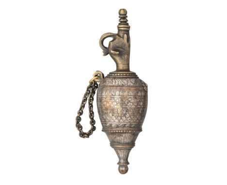 A SOUTH INDIAN FLASK, 18TH/19TH CENTURY, POSSIBLY MALABAR, with pear-shaped copper-alloy body tapering to a moulded base, dec