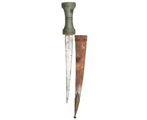 AN INDIAN JADE-HILTED DAGGER (KHANJAR), 18TH CENTURY, with slightly curved double-edged blade formed with a slender central r