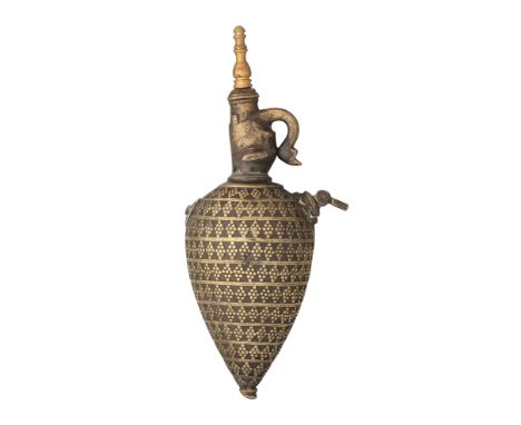 A SOUTH INDIAN FLASK, 18TH/19TH CENTURY, POSSIBLY MALABAR, with pear-shaped copper-alloy body decorated with numerous diamond