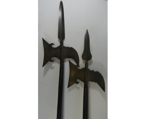TWO SERGEANT~S HALBERDS, 18TH CENTURY, the first with terminal blade of flattened-diamond section, moulded socket enclosing t
