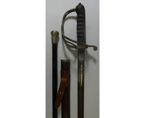 AN 1827 PATTERN NAVAL OFFICER~S SWORD, AN ARTILLERY OFFICER~S SWORD AND A WALKING CANE, 20TH CENTURY, the first with etched b