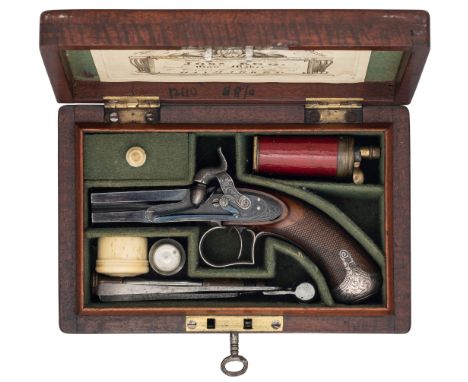 A FINE AND RARE CASED 120 BORE SILVER-MOUNTED SINGLE-TRIGGER OVER AND UNDER PERCUSSION PISTOL, BY JOSEPH EGG, NO. 1 PICCADILL