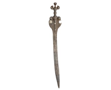 A VERY RARE SOUTH INDIAN SWORD, LATE 15TH CENTURY, POSSIBLY MADURAI,  with broad slightly curved double-edged blade of flatte