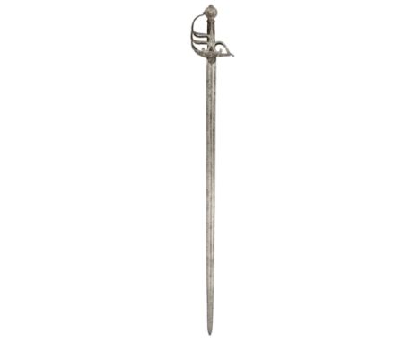 A FINE ENGLISH ~MORTUARY~ HILTED BACKSWORD, SECOND QUARTER OF THE 17TH CENTURY, with broad blade double-edged towards the poi