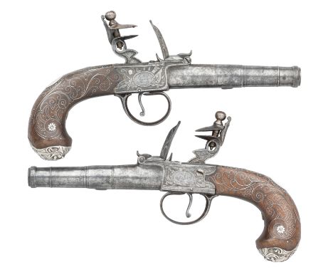 A PAIR OF 50 BORE ENGLISH SILVER-MOUNTED FLINTLOCK POCKET PISTOLS SIGNED PERRY, LONDON, PRIVATE PROOF MARKS, BIRMINGHAM SILVE