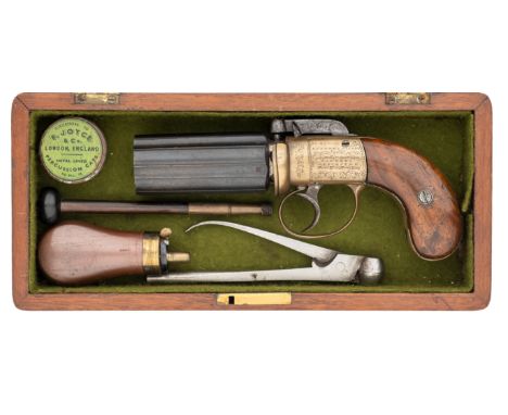 A CASED 100 BORE SIX-SHOT ~SELF ACTING~ PERCUSSION PEPPERBOX PISTOL, BY SANDERS, LEICESTER, BIRMINGHAM PROOF MARKS, NO 325, C