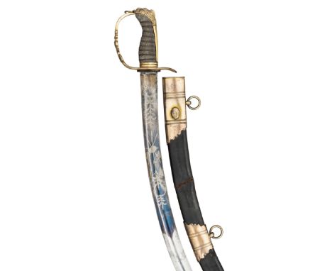 AN 1803 PATTERN INFANTRY OFFICER~S SWORD, of regulation type, with curved blade etched and gilt with foliage, trophies-of-arm