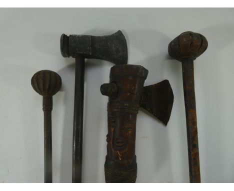 AN INDIAN AXE AND TWO INDIAN MACES FORMED ENTIRELY OF STEEL, 18TH/19TH CENTURY, the first with engraved wedge-shaped head dec