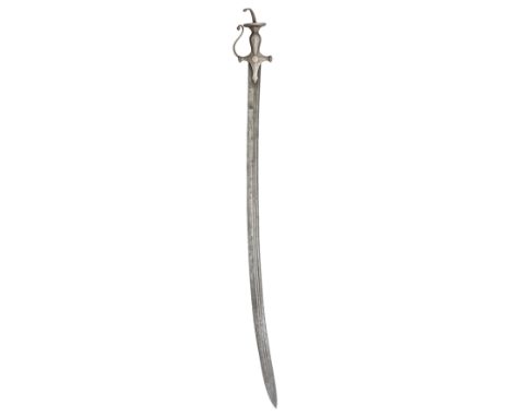 A SOUTH INDIAN SWORD (TALWAR), 17TH/18TH CENTURY, POSSIBLY MADRAS, with slightly curved probably European fullered blade doub