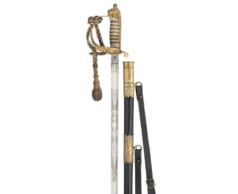A GEORGE V 1827 PATTERN NAVAL OFFICER~S SWORD, of regulation type, with etched blade including the crowned Royal cypher and c