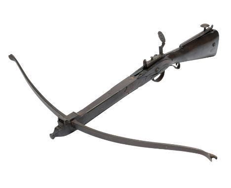 AN ENGLISH STONEBOW, LAST QUARTER OF THE 18TH CENTURY, with steel bow retained by a pair of irons (string missing), retaining