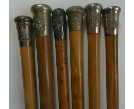 A COLLECTION OF MILITARY WALKING CANES, comprising approximately 18 fine wooden sticks, bearing white metal caps embossed wit