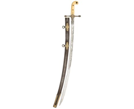 ˜A MAMELUKE-HILTED SWORD RETAILED BY WILSON, 31 LOMBARD ST., LONDON, with curved blade double-edged towards the point, etched