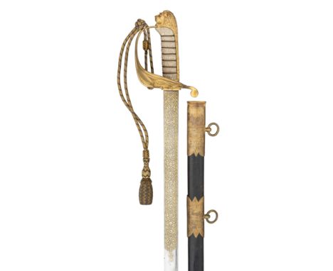 AN 1827 PATTERN NAVAL OFFICER~S SWORD RETAILED BY WILKINSON, GUN AND SWORD MAKER, PALL MALL, LONDON, with heavy straight blad