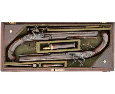 A CASED PAIR OF 24 BORE FLINTLOCK DUELLING PISTOLS BY TWIGG, CIRCA 1780, each with lightly swamped octagonal sighted barrel (