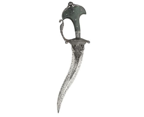 A SOUTH INDIAN DAGGER (KHANJARLI), 16TH/17TH CENTURY, with recurved blade formed with a pair of short fullers and reinforced 