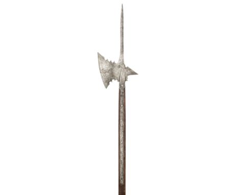 ‡ A HALBERD, MID-16TH CENTURY, GERMAN OR SWISS, with reinforced terminal spike of tapering square section, broad axe-blade wi