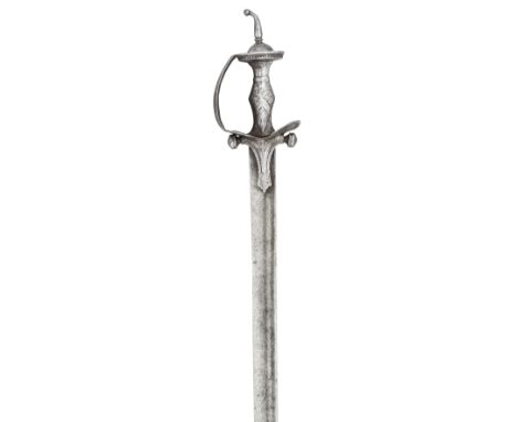 AN INDIAN SWORD (FIRANGI), LATE 17TH/18TH CENTURY, with straight fullered blade double-edged towards the point, iron hilt of 