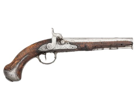 A 25 BORE FRENCH PERCUSSION PISTOL BY COULAUX A HUNINGUE, CIRCA 1760, converted from flintlock, with sighted barrel formed in