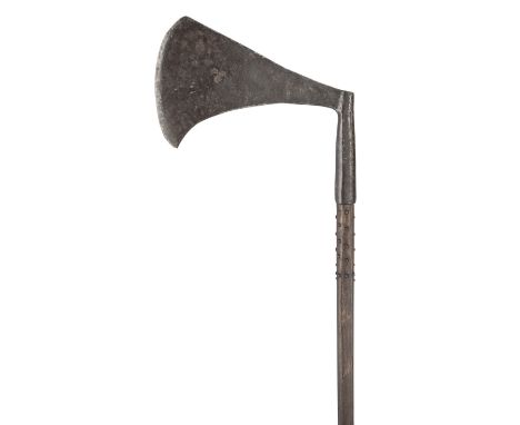 A SO-CALLED HEADSMAN~S AXE, 19TH CENTURY, with heavy bearded head struck with a mark, the letters ~IR~ conjoined, three times
