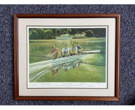 Rowing World Champions multi signed 29x23 framed and mounted print by Timothy Easton signatures include Steve Redgrave, Mathe