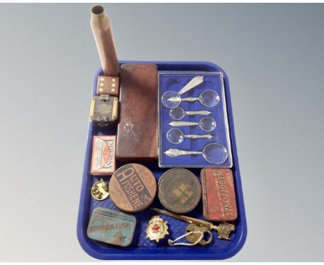 A tray of copper ammunition shell, Kelvin Hughes of London compass, Canada correctional service badge, vintage tins, cased se