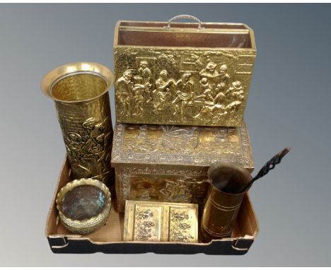 A box of brass embossed dome topped slipper box, magazine rack, stick stand, letter rack, eastern planter, companion stand 