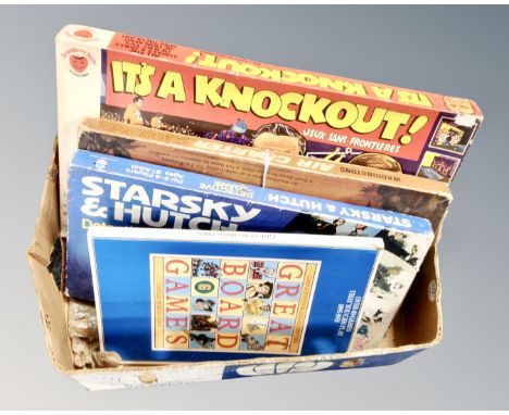 A box of three vintage board games - It's a knock out, Starsky and Hutch, Air charter and one volume 'Great board Games'  