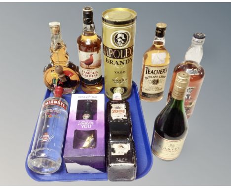 A collection of alcohol to include Famous Grouse whisky, Smirnoff vodka, Teacher's blended scotch etc 