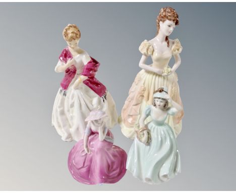 A Royal Worcester F G Doughty figure 'First Dance' 1629, together with three further Coalport figures 'Ladies of Fashion' Kar