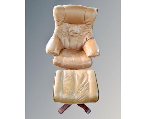 A contemporary Continental light oak swivel chair with matching footstool