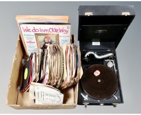 A vintage broadcaster table topped gramophone in case together with a box containing vinyl records inlcuding 78's 45 singles 