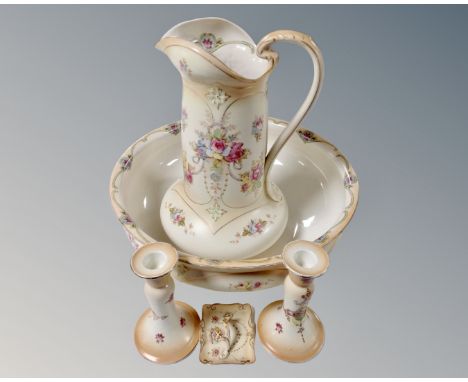 A late Victorian five-part dressing table set including jug and basin, pair of candlesticks and ring trinket 