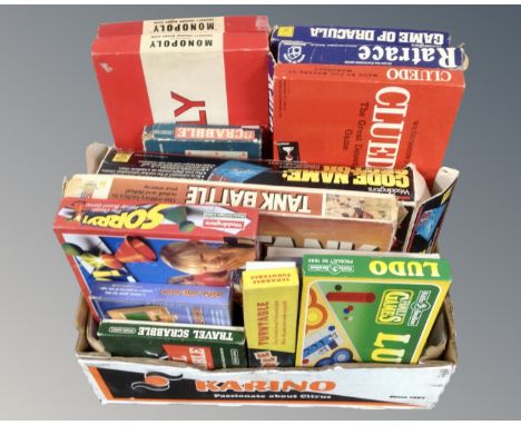 A box of vintage board games, monopoly, tank battle etc.