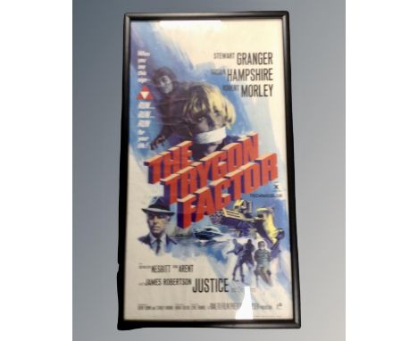A vintage film poster 'The Trygon Factor' in frame